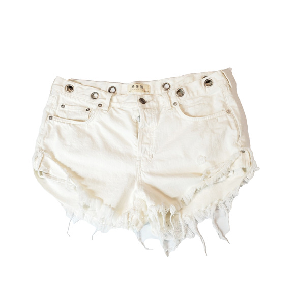Free People Pants - Free People Womens 31‎ Denim Shorts White Cut-offs Grommet Waist Distressed Jean